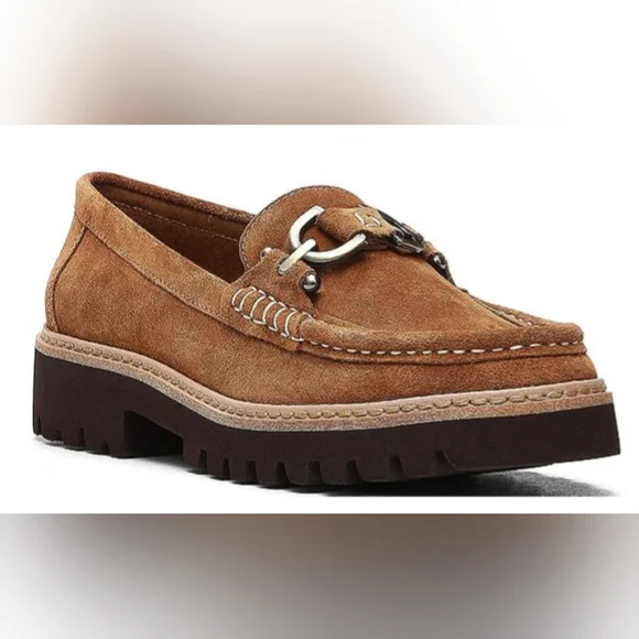 HELIO DONALD PLINER Brown Saddle Suede Leather Loafers Womens Lug Sole New 7.5 - Picture 2 of 10